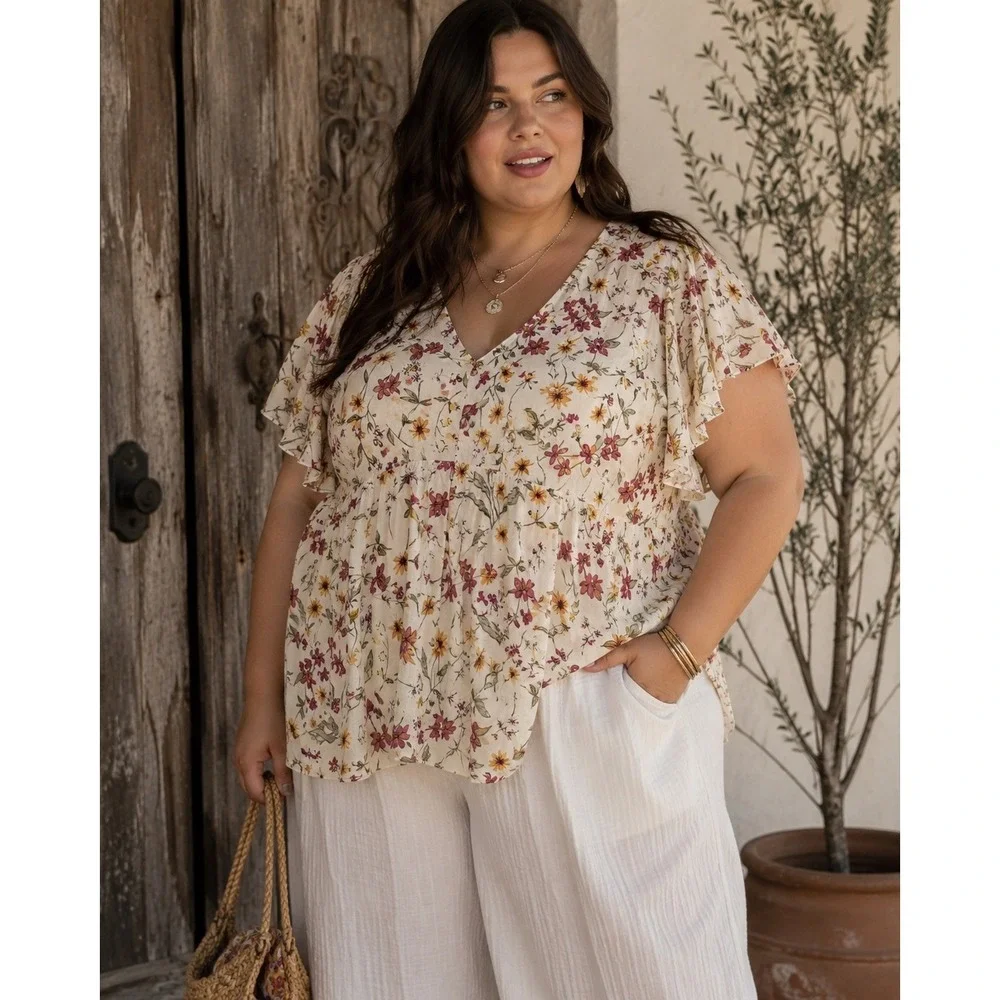 BloomChic Floral Peplum Top Womens 22-24 Cream V-Neck Flutter Sleeve Chiffon - Picture 1 of 7